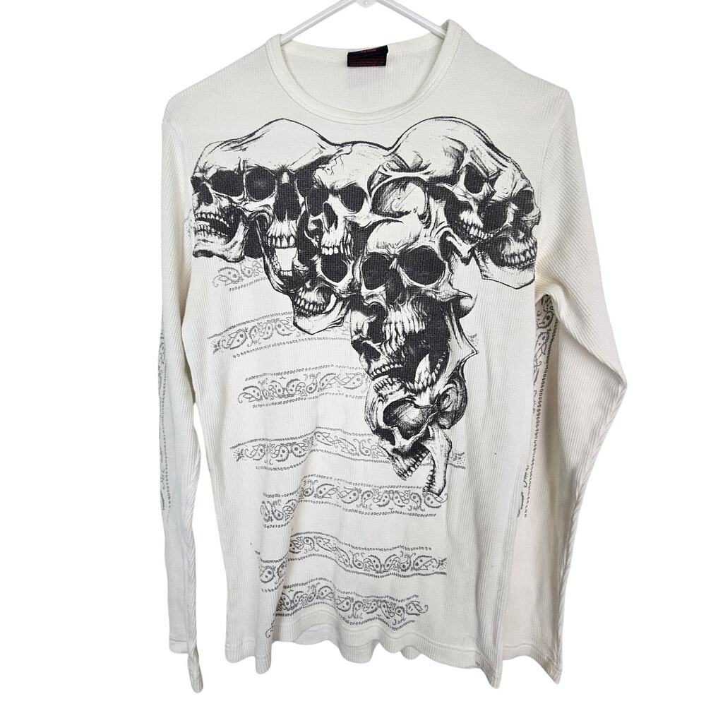 Y2K Vintage MMA Elite Mens Gothic Skull Thermal Shirt Size M Grunge Halloween